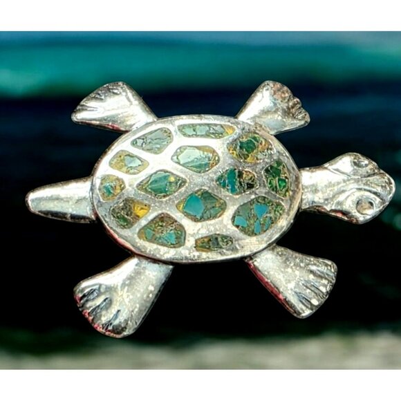 VTG Taxco Sterling Silver Turtle Brooch Pin Miguel Melendez Mexico Stone Inlay - Picture 1 of 14